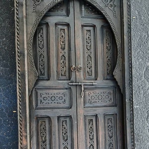 moroccan double door interior/exterior Handmade vintage dark brown geometric carved wooden door for bedroom or living room