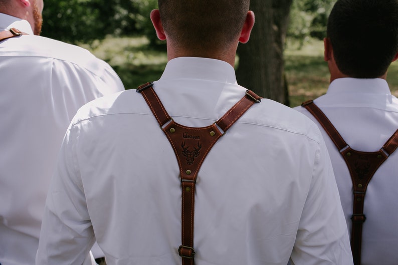 Stag Party favor leather suspenders groom bachelor party gift Monogram best men braces Groomsmen gift rustic style wedding suspenders retro image 6