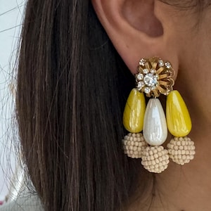 Handmade Sunshine Yellow Pearl Beige Drop Earrings - Retro Crystal Style Vintage Statement Jewelry.