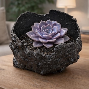 One of a Kind Stone Art Planter, Indoor Succulent Pot, Black Rock Sculpture Planter, Modern Home Decor, Unique Gift