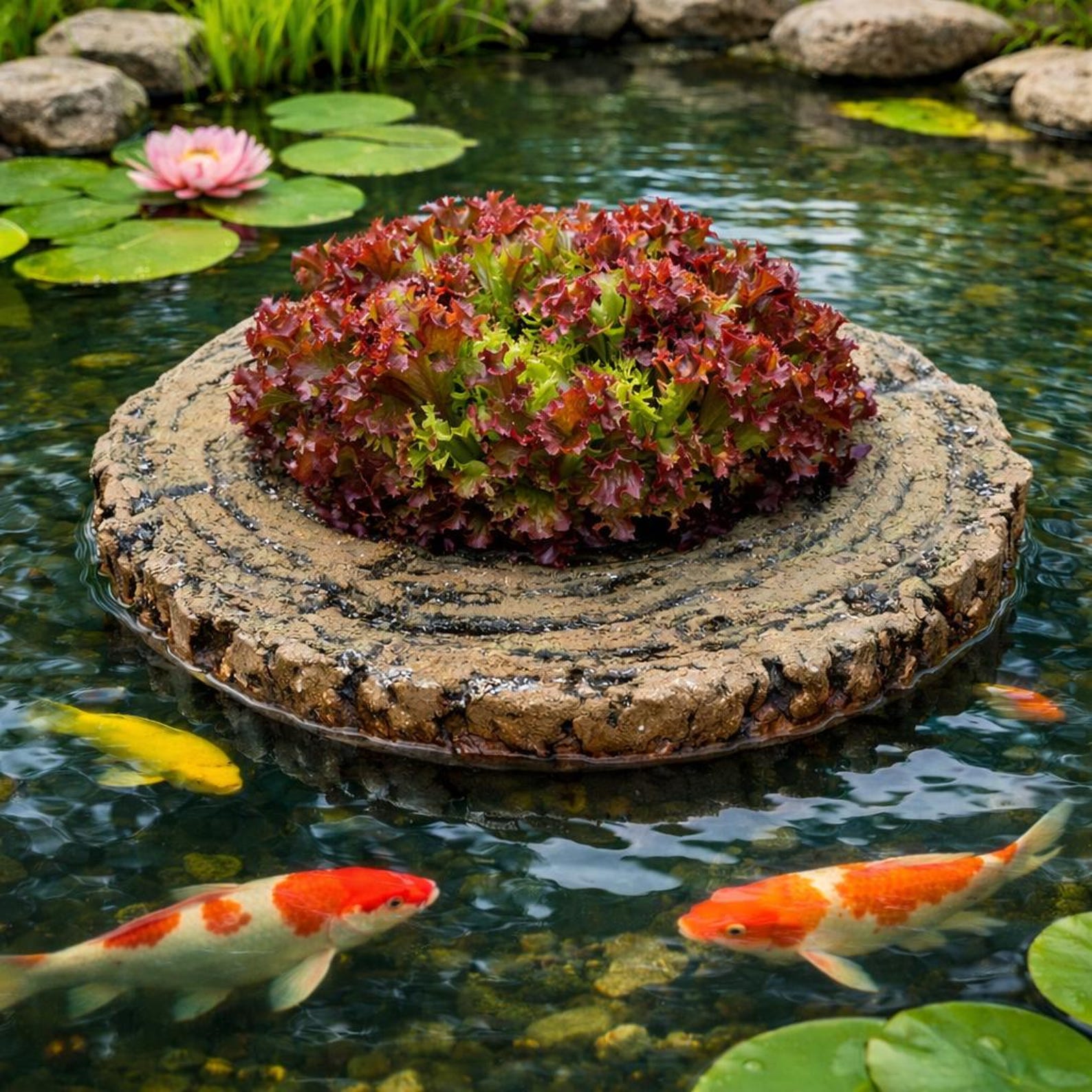 Floating Log Slice Pond Planter for Aquatic Plants Frog Dock, Water