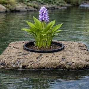 Floating Pond Planter for Aquatic Plants, Faux Bark Turtle & Frog Dock, Floating Water Garden Planter