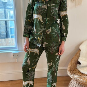 Green Cotton Jungle Print Pyjama Set, Long Sleeve Button PJ Set