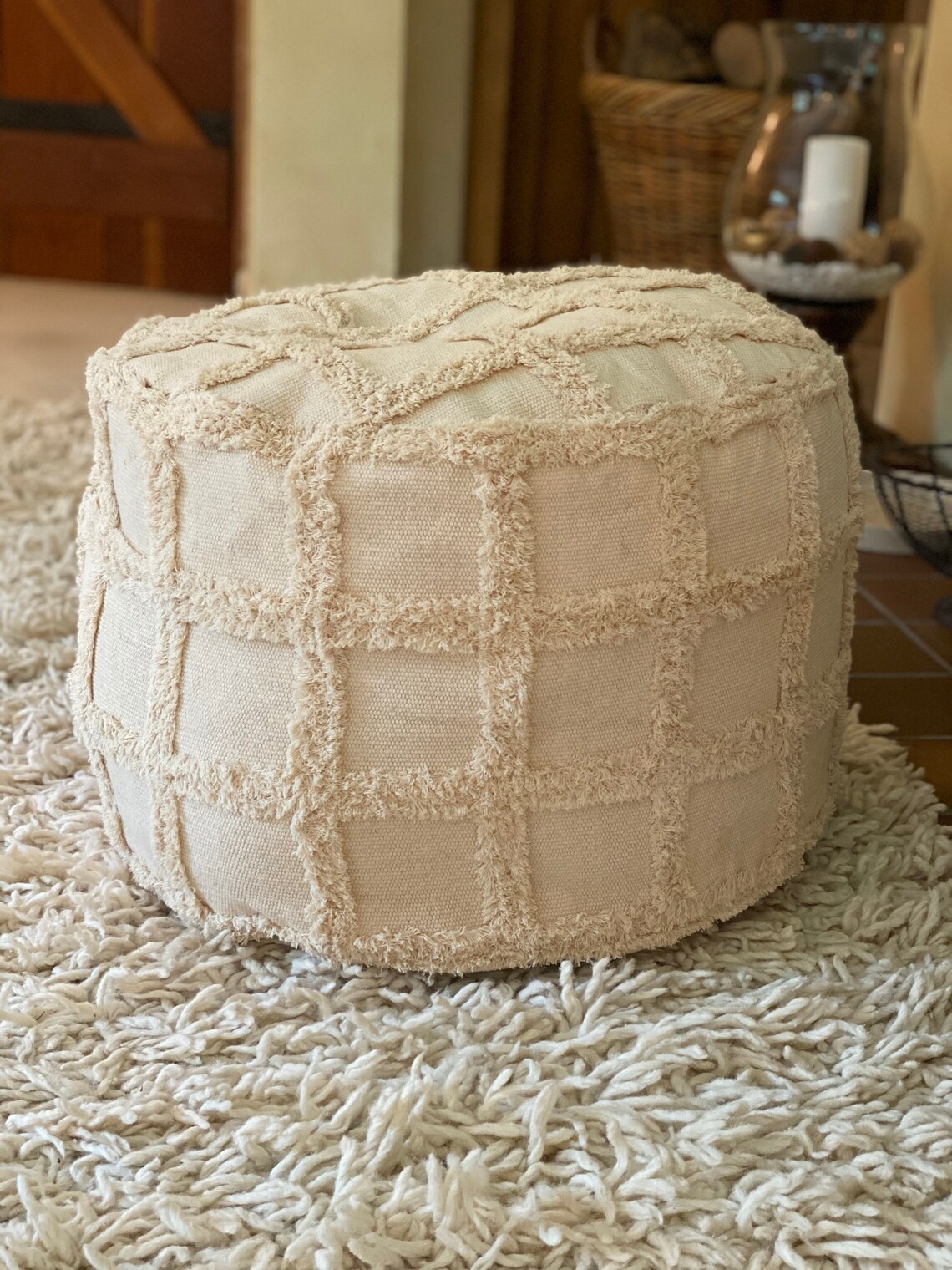 Kika Round Fringed Pouffe Cotton Ottoman Tassel Floor Pouf Etsy