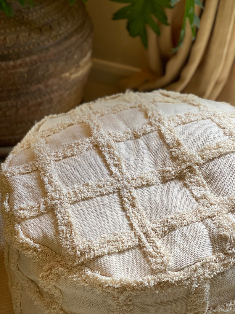 Kika Round Fringed Pouffe Cotton Ottoman Tassel Floor Pouf Etsy UK