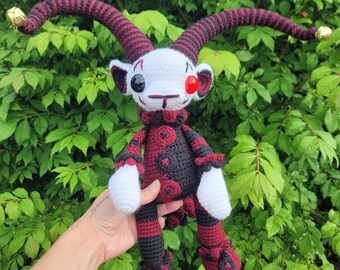 Red and Black Jester Goat Crochet Doll