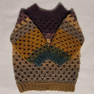 Könnte beinhalten: Ein handgefertigter Häkelpullover im Granny-Stichmuster. Der Pullover hat einen hohen Kragen und lange Ärmel. Die Farbpalette umfasst Brauntöne, Gold, Grün und Lila. Der Pullover ist für ein Haustier bestimmt.