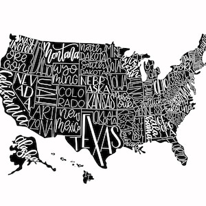 Digitaler Download USA Karte - Printable, handbeschriftet, Vereinigte Staaten von Amerika, schwarz und weiß, Digitaldruck, Kinder Wanddekor, modern