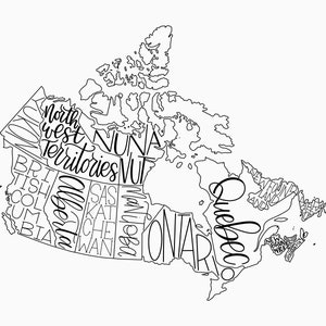 Könnte beinhalten: Eine Schwarzweiß-Zeichnung einer Karte von Kanada mit den Namen der einzelnen Provinzen und Territorien, die innerhalb der Umrisse der Karte geschrieben sind.
