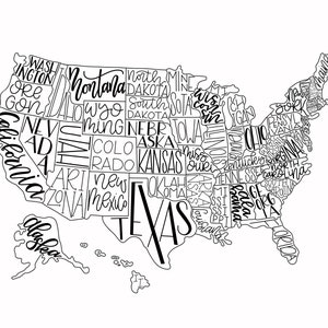Digital Download USA Map - Printable, handbeschriftet, Vereinigte Staaten von Amerika, Reise, Poster, Digitaldruck, Kinder Wanddekor, herunterladbar
