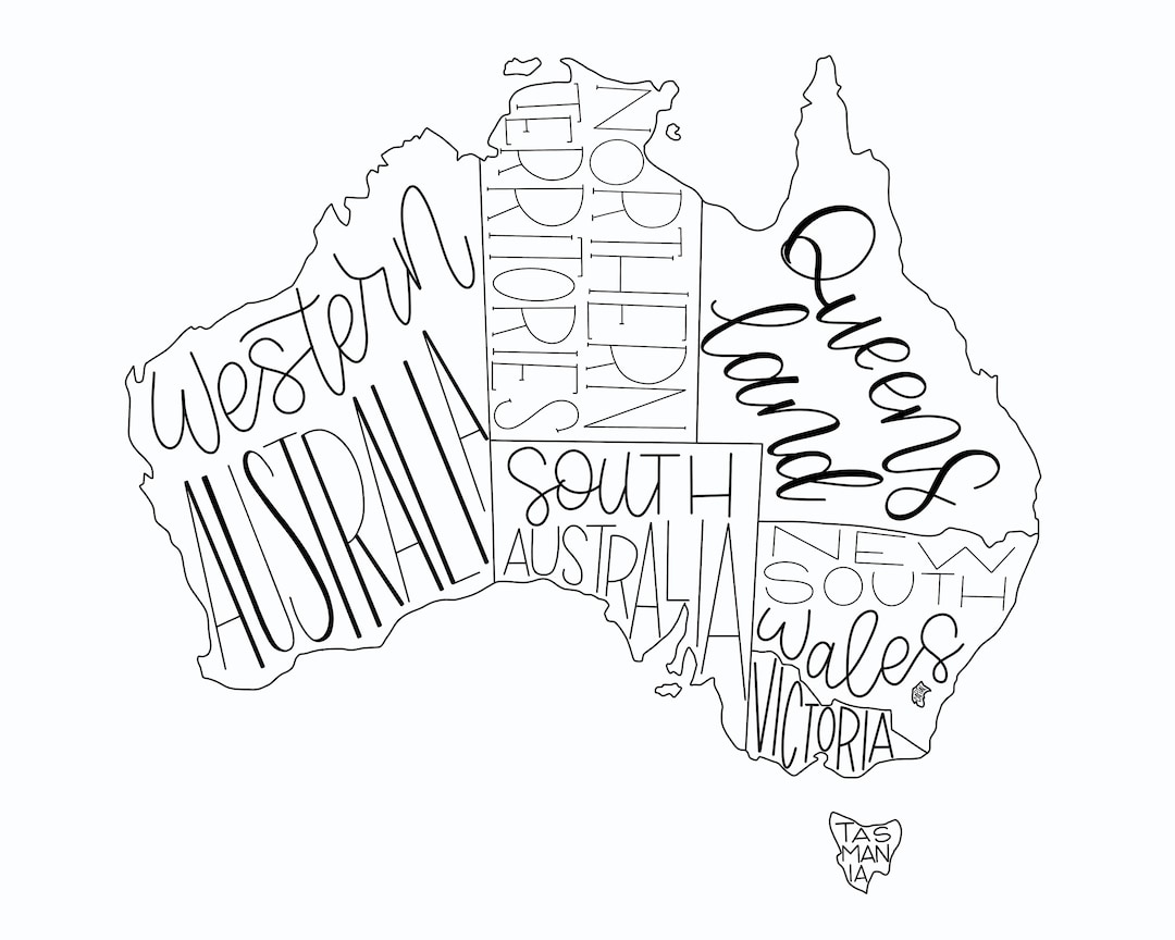 Digital Download Australia Map - Printable, Hand Lettered, Australian ...