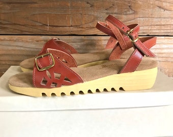 Vintage Mono of California Leather Sandals - Burnt Brown, Cutout Leather, Strappy Wedge - Brand NEW In Box, Size Women's 7