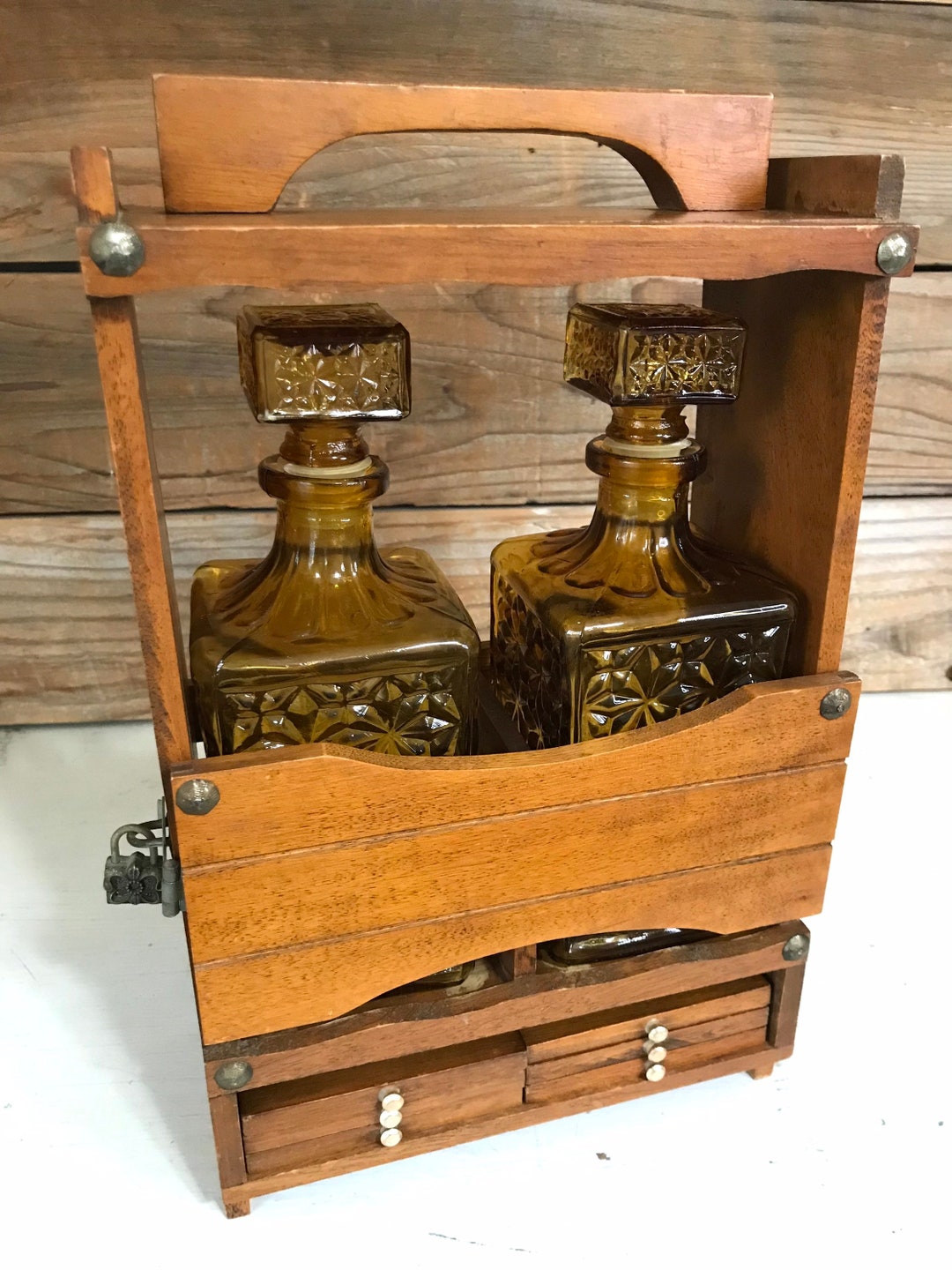 Antique Liquor Bottle/bar Caddy Locking Wooden Minibar With 2