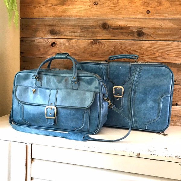 Vintage Luggage Set by Sears - 1970’s Powder Blue, Faux Leather with Buckles & Locks