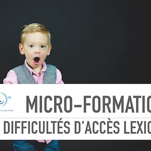 Peut inclure: Un jeune garçon avec une expression surprise se tient devant un fond noir. Le texte "MICRO-FORMATION LES DIFFICULTÉS D'ACCÈS LEXICAL" est affiché en dessous de lui. Le texte est en blanc et sur un fond blanc.