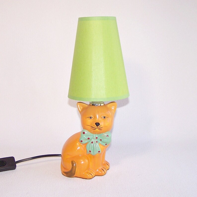 Cat Lamp Greentable Handmade Of Vintage Ceramic Figurine Bedside With Fabric Shade Night Light Home Decor