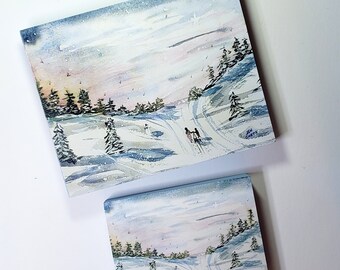 Sledding in the Country Art Block, snowy winter scene and trees - "The Last Run", family with sled, snowman, sunset, trees and birds
