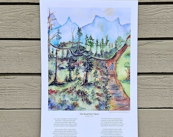 The Road Not Taken, print of original art by Jen Curtis with the inpirational poem by Robert Frost, 13 x 19 " with border, frameable art