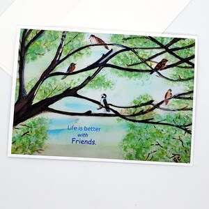 Carte de voeux d'amis, oeuvre d'art aquarelle originale, oeuvres d'art « Oiseaux du jardin », 5 x 7 po. - avec citation - La vie est meilleure avec des amis, simple à l'intérieur