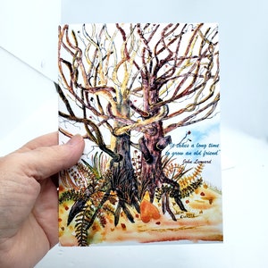 Carte de voeux Old Friend, deux chênes et des fougères poussant ensemble, « il faut beaucoup de temps pour faire pousser un vieil ami » 5 x 7, encadré, âmes sœurs, meilleurs amis