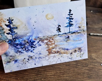 Magical misty forest greeting card, full moon, original painting called Serenade, Fine art any occasion gift card  5 x 7 inches, frameable