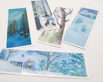 Watercolor art bookmarks buy 1 or all 5 laminated prints of original holiday themed watercolour art, Christmas nature winter bookmarks