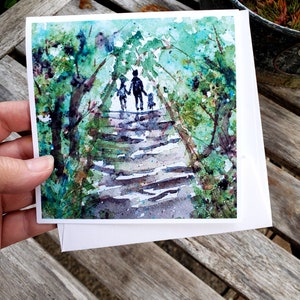 Venez marcher avec moi, promenade dans le parc, feuilles et arbres aux couleurs vives, carte de voeux à encadrer 5 x 5 à partir d'art original, art de promenade en famille