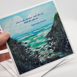 Paysages marins, carte d'art à flanc de falaise avec ou sans citation, rivages rocheux, carte de voeux à encadrer 5 x 5, art acrylique original, amoureux de la nature