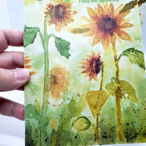 Sunflowers for Ukraine, Inspirational Wall Art, Stand Tall and Find the Sunshine, print of original watercolor sunflower painting, 5 x 7 Art wood card