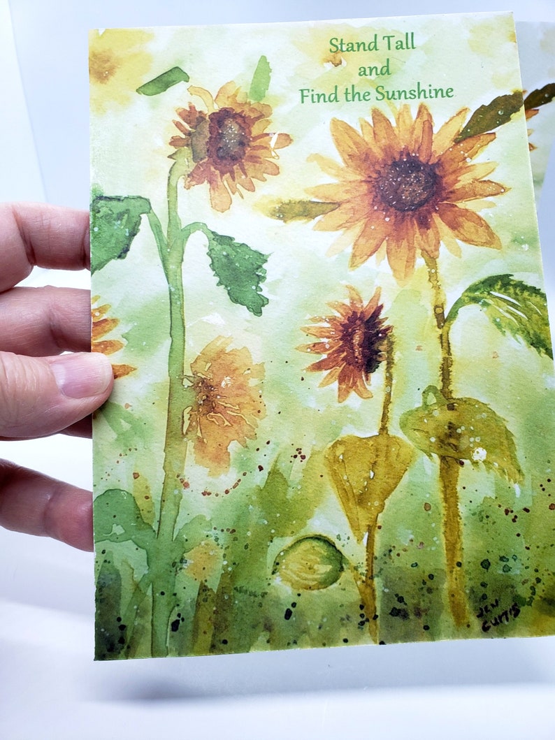 Sunflowers for Ukraine, Inspirational Wall Art, Stand Tall and Find the Sunshine, print of original watercolor sunflower painting, 5 x 7 Art wood card
