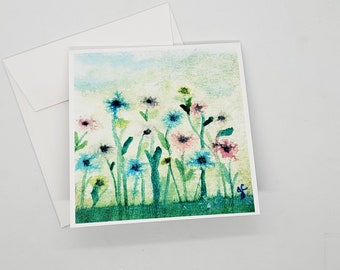 Floral gift card all occasion, 5x5 frameable greeting card from original watercolor art, multi colored daisies flowers, garden nature lover