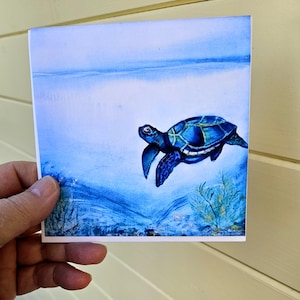 Carte de voeux tortue de mer, toutes les occasions, 5 x 5 pouces à encadrer à partir d'art original à l'aquarelle et à la gouache, art coloré de paysage marin océan, carte pour enfants