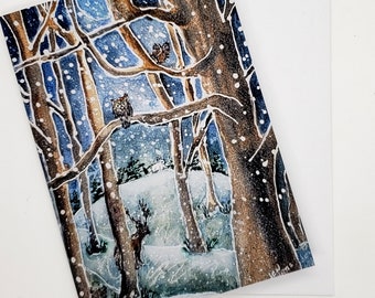 Enchanted Forest with deer, bear, owl, squirrel and rabbit, holiday cards, from original watercolour Art, 5 x 7 ", Winter/Christmas card