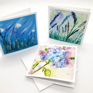 Cartes-cadeaux d'art floral, lot de 3 à partir de peintures originales aquarelles et acryliques, lavande, hortensias, art floral, cadeau de jardinier, 3 x 3 pouces