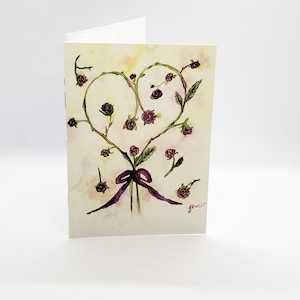 Carte de mariage ou de douche imprimée à partir d'aquarelles originales, « Cœur de roses », aquarelle romantique recto-verso 5 x 7 po, Saint-Valentin