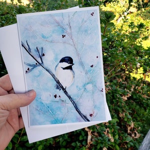 Carte de vacances ou d'hiver mésange à tête noire fabriquée à partir d'art aquarelle original, carte joyeux hiver/Noël à encadrer 5 x 7"
