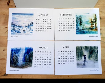 Calendar 2024, Westcoast nature, 12 months + a bonus print, prints of original watercolour art by Jen Curtis, optional hand made wood stand