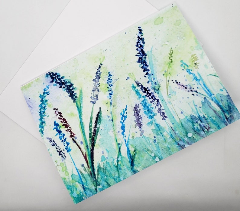 Lavender floral watercolor art, all occasion greeting card, original watercolour painting,teal & lime green, blues 5 x 7 white envelope image 5