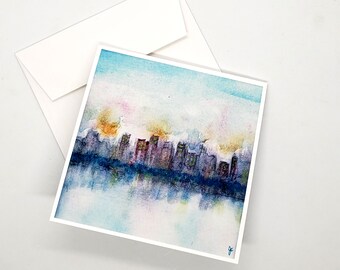 Watercolour print of a cityscape, gift card, 5 x 5 frameable greeting card from original modern watercolor art "Night Falls", westcoast bc