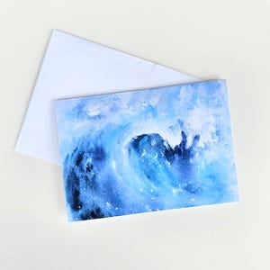 Carte de voeux de beaux-arts de paysage océanique de vague d'art aquarelle original, « évanescent », citation facultative 5 x 7 », peinture de paysage marin, bleus, verts