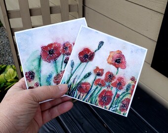 Red Poppy cards, set of 2 different designs, 5 x 5 frameable greeting card for Remembrance Day or fall, thanksgiving, original art card