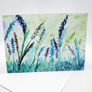 Lavender floral watercolor art, all occasion greeting card, original watercolour painting,teal & lime green, blues 5 x 7 white envelope image 6