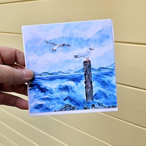 Carte de voeux Goélands à la plage (2 mouettes, 1 poteau), toutes les occasions, 5 x 5 pouces à encadrer à partir d'art aquarelle original, printemps coloré, art d'été
