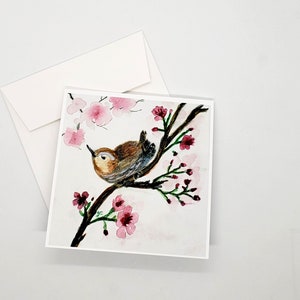Carte-cadeau Petit troglodyte en fleurs de cerisier pour toutes les occasions, carte de voeux à encadrer 5 x 5 cm de l'aquarelle moderne, amoureux des oiseaux et de la nature