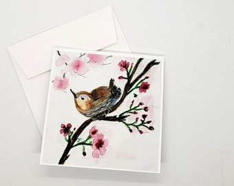 Little Wren bird in cherry blossoms gift card all occasion, 5 x 5 frameable greeting card from modern watercolor art, bird and nature lover