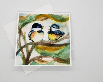 Black Capped chickadees gift card all occasion, 5 x 5 frameable greeting card from modern watercolor art, bird and nature lover