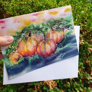 Carte de voeux beaux-arts citrouilles à partir d'un original aquarelle, calebasses colorées, automne ou Halloween 5 x 7 pouces à encadrer, achetez-en une ou un lot de 4.