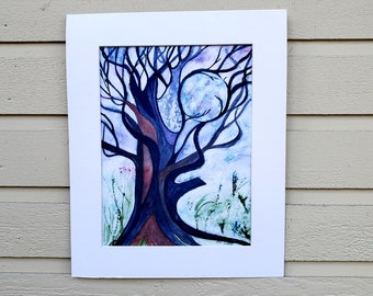 Mystical Tree holding the Moon, Large Matted print of my Original Watercolour art, "I will give you the Moon and the Stars  10 x 13 "