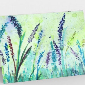 Lavender floral watercolor art, all occasion greeting card, original watercolour painting,teal & lime green, blues 5 x 7 white envelope just the card