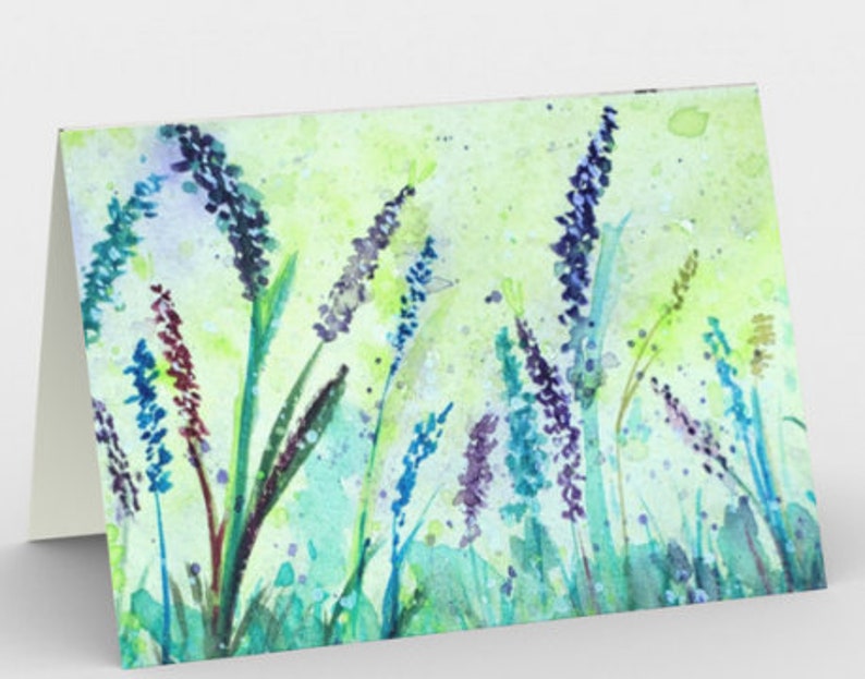 Lavender floral watercolor art, all occasion greeting card, original watercolour painting,teal & lime green, blues 5 x 7 white envelope just the card